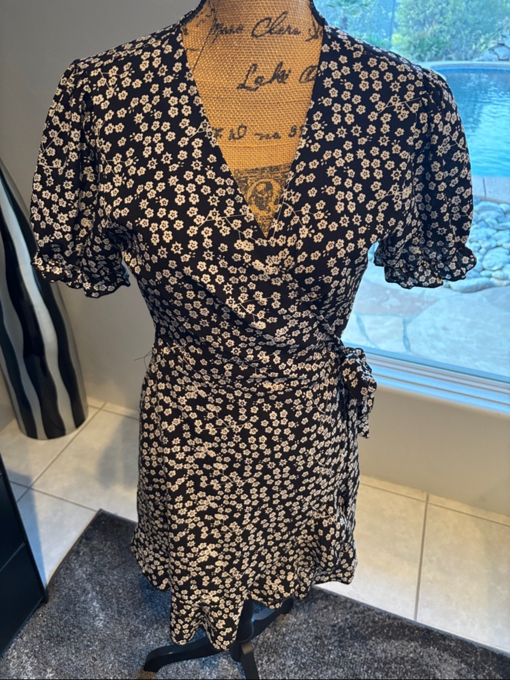 Small Black Floral Wrap Dress with White Daisy Print
